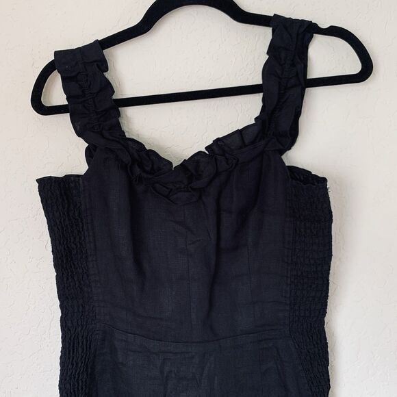 Reformation Bonita Dress 6 Black 100% Linen Ruffle Mini Smocked Preppy Going Out - Picture 5 of 16